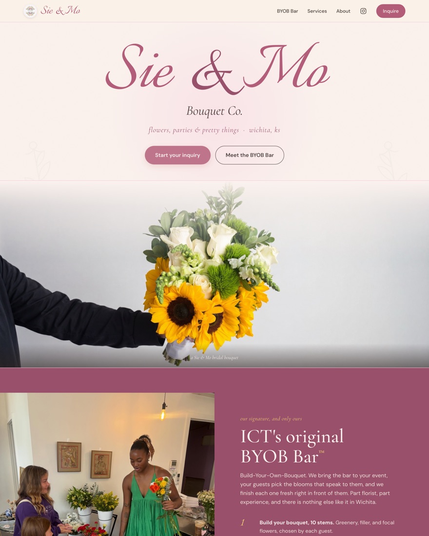 The Sie & Mo Bouquet Co. website built by KS Automate, showing a bridal bouquet with sunflowers